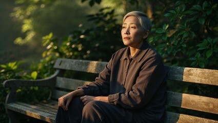 Thoughtful older Asian woman sitting on a bench in a serene park, surrounded by greenery