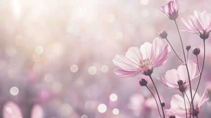 Fototapeta premium Soft pink cosmos flowers in a sunlit field.
