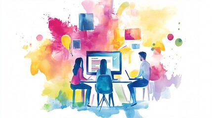 Teamwork and Collaboration in the Digital Age: A Watercolor Depiction of a Modern Office