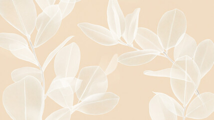 Elegant White Leaves on Beige Background  Botanical Illustration