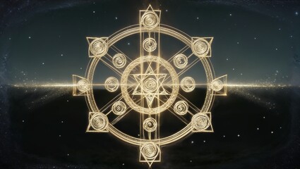 Illuminated sacred wheel of life symbol with intricate patterns on cosmic background