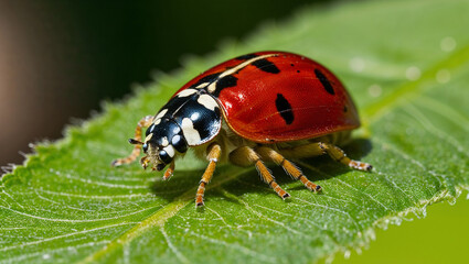 Fototapeta premium Close-up of vibrant ladybug on a green leaf with intricate details in natural light