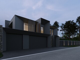 3D visualization of a modern luxury house. House next to the forest. Panoramic windows in the house. Unique architecture. Evening illumination of the facade