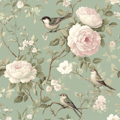Elegant Floral Bird Wallpaper  Pastel Roses   Birds on Sage Green