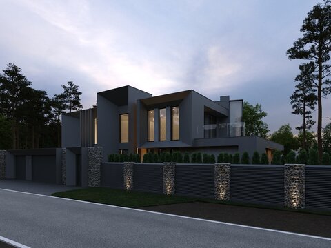 3D visualization of a modern luxury house. House next to the forest. Panoramic windows in the house. Unique architecture. Evening illumination of the facade
