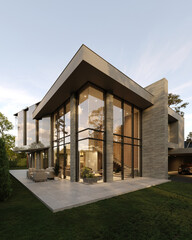 3D visualization of a modern luxury house. House near the forest. Panoramic windows in the house. Unique architecture