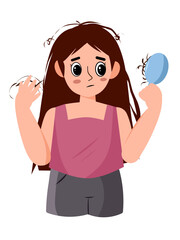Illustration of a female character with a sad expression due to the problem of hair loss