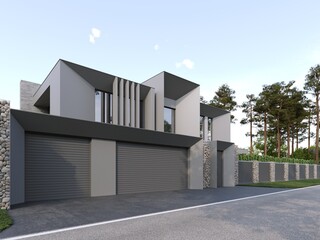 3D visualization of a modern luxury house. House near the forest. Panoramic windows in the house. Unique architecture