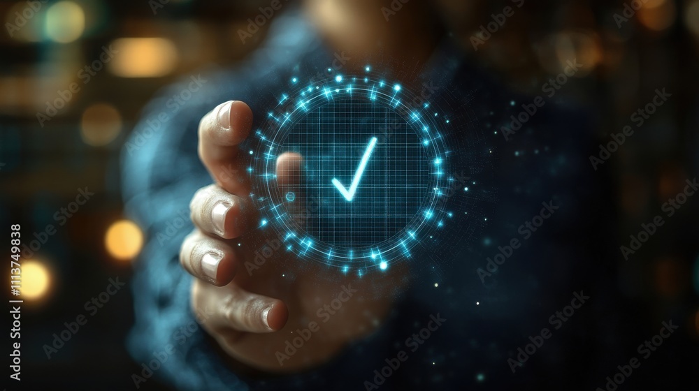 Aufkleber projects digital guarantee business quality checking and standardization certification hand point on