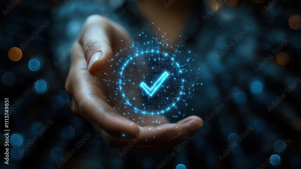 Poster projects digital guarantee business quality checking and standardization certification hand point on