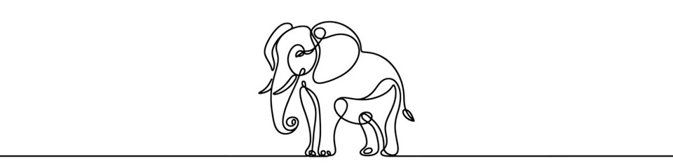 One continuous line illustration of an elephant, isolated on white background. Line art of elephant.