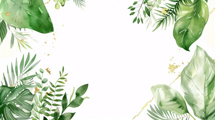 Fototapeta premium Herbal Minimalistic Frame: Hand-painted vector frame with plants, branches, and leaves on a white background. Greenery wedding invitation in watercolor style. Natural card design.