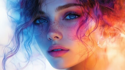 Fototapeta premium Happy Young Woman Profile with Vibrant Colors and Patterns