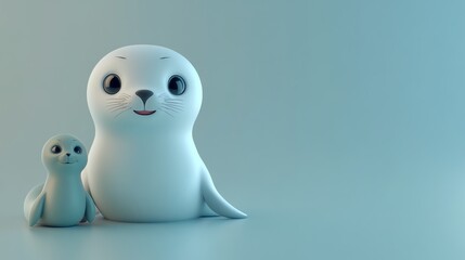 A cute cartoon baby seal with a smaller baby seal.