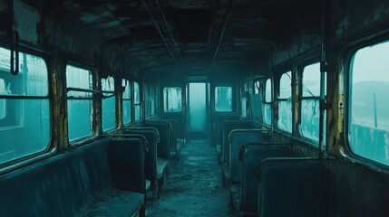 Fototapeta premium Eerie Abandoned Bus Interior in Teal Tones