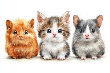 Obraz premium A cute illustration of three fluffy kittens with big eyes, showcasing their adorable features.