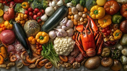 A beautifully plated selection of mookata ingredients, including vibrant vegetables, seafood, and marinated meats, arranged elegantly on a table for an enticing feast