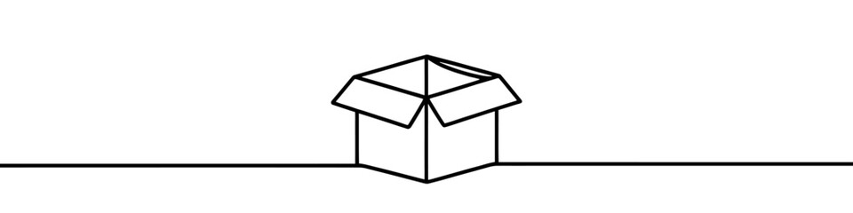 One continuous line illustration of an open box, isolated on white background. Line art of open box
