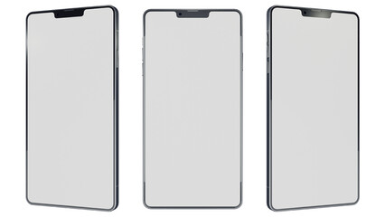 Set of Smartphone mockup 3D rendering blank white screen on a transparent background. Front view, and perspective views by 25 and minus 25 degrees rotation on the Z-axis.
