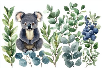Obraz premium A cute koala surrounded by various eucalyptus leaves and berries, showcasing nature's beauty.