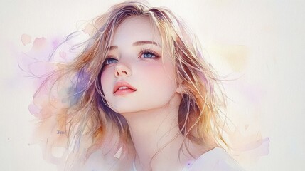 Fototapeta premium Watercolor Portrait of a Beautiful Young Woman with Flowing Hair Looking Up in Soft Pastel Colors