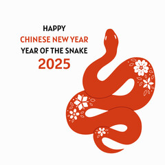 Chinese new year 2025 card with snake and flowers. Hand drawn vector illustration.