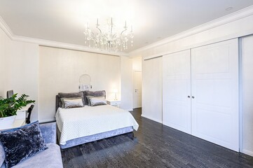 interior room apartment bedroom with bed, cozy place to sleep and relax