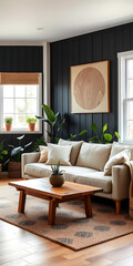 Fototapeta premium Farmhouse, country style home interior design of modern living room. Rustic style living area with beige sofa, black wall paneling, and organic wood artwork for a warm, natural