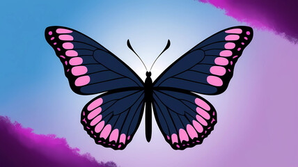 Dark-blue butterfly with pink spots on wings against a vibrant blue and purple watercolor...