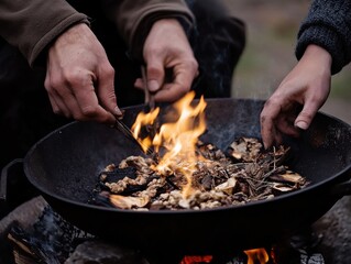 Close-up of hands cooking wild harvest over a rustic fire pit with dancing flames