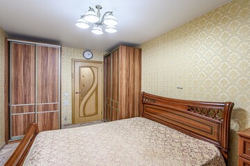 interior room apartment bedroom with bed, cozy place to sleep and relax