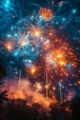 View of vibrant fireworks display over the city skyline during New Year's Eve celebration, 