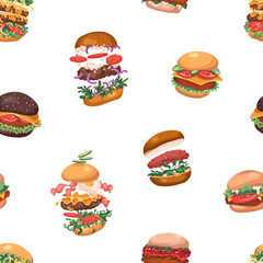 Repeatable pattern of flying burgers. Different cheeseburgers, hamburger with levitation of content: cutlet, buns. Endless background with fast food, fastfood. Flat seamless vector illustration