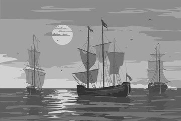 Vector illustration - seascape with sailing ships. Black and white