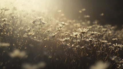 golden hour field of daisies in the sun with a hazy background