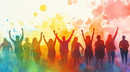 A vibrant watercolor painting of joyful people celebrating together, with arms raised in unity and freedom.