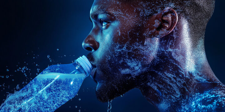 Sports drinks energy stamina concept. A powerful athlete enjoys a refreshing sports drink, showcasing energy and vitality during a workout or competition.