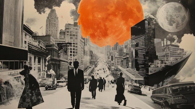 Urban Collage: A Retro-Modern Cityscape with Surreal Celestial Bodies