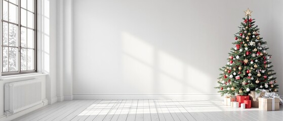 Empty white room with christmas tree, minimalist interior with holiday decor, background for holiday product presentations