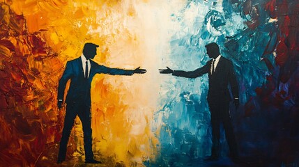 Two businessmen reaching for a handshake in front of a vibrant, textured backdrop, symbolizing partnership and collaboration.