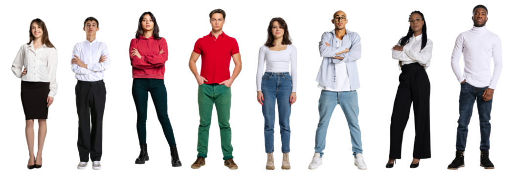 Group of different, multiethnic people, men and women isolated on transparent background. Models wearing formal and casual clothes. Concept of lifestyle, fashion, diversity, human rights