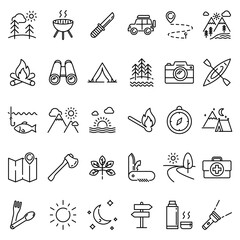 Camping icon set. Outdoor recreation activity vector line icons collection, editable stroke.