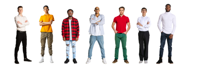 Set of different, multiethnic men, wearing casual and formal clothes, with serious expressions isolated on transparent background. Concept of lifestyle, fashion, diversity, human rights