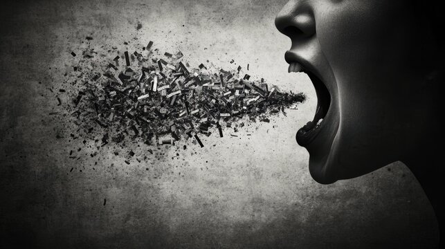 A mouth spews sharp, jagged words into the air, cutting through the surroundings. The words form dangerous shapes, representing verbal aggression and the harm they cause when spoken carelessly or