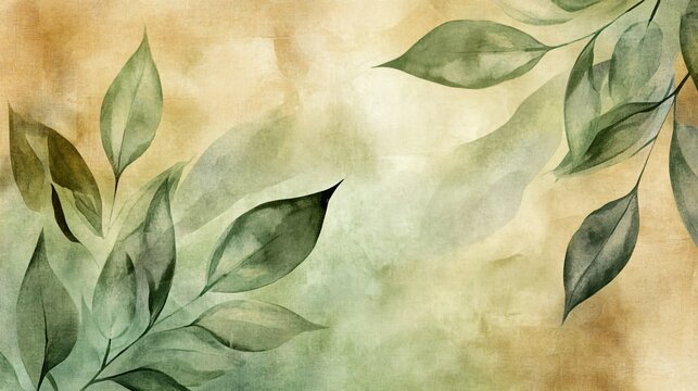 Watercolor Botanical Leaves on Vintage Background - Elegant Green Foliage Design