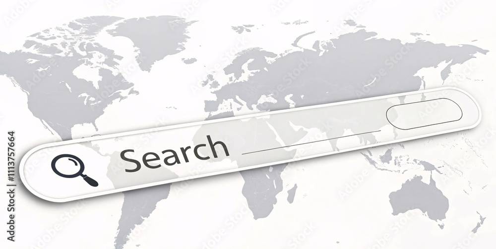 Poster a sleek search bar overlaying a world map in soft grayscale tones, symbolizing global connectivity a
