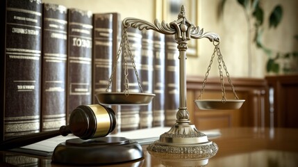 Scales of Justice and Legal Volumes in Courtroom Setting