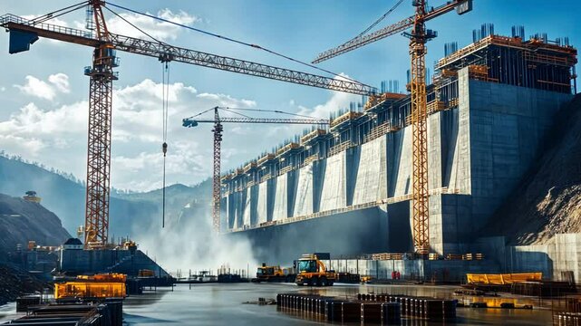 A futuristic hydroelectric dam under construction, with massive cranes installing the last turbine components, symbolizing the future of sustainable energy infrastructure.