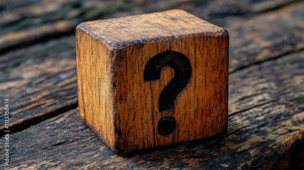 Poster wooden cube block shape with sign question mark symbol on wood tabl