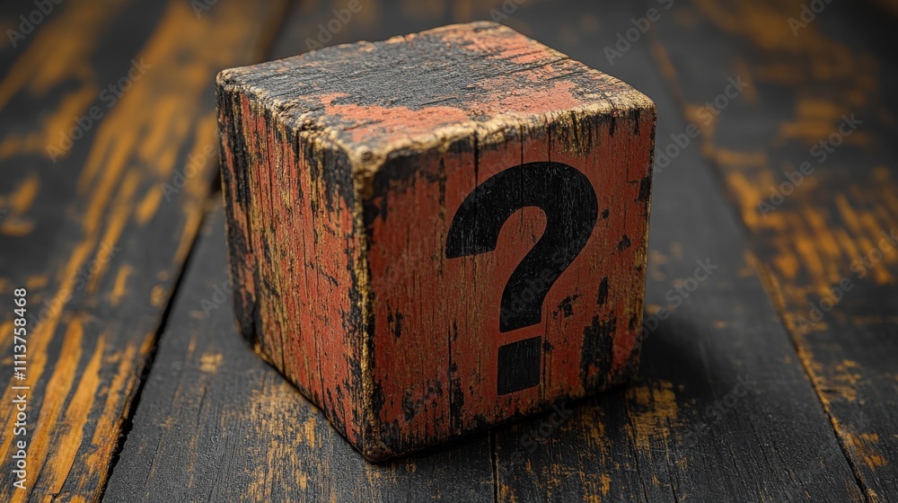 Poster wooden cube block shape with sign question mark symbol on wood tabl